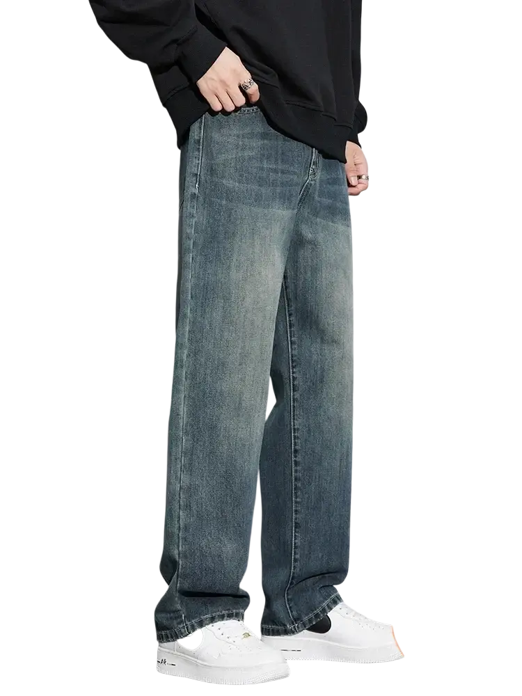Men fleece lined baggy straight jeans in dark-wash denim with a relaxed straight-leg cut and visible stitching details