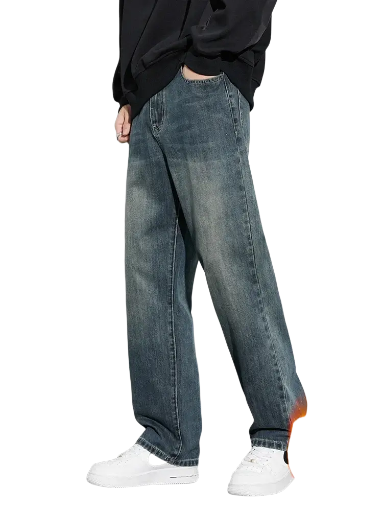 Men fleece lined baggy straight jeans in dark wash denim with relaxed straight leg and visible stitching details