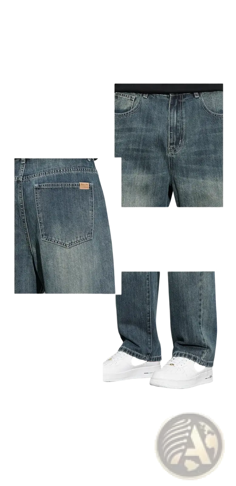 Men fleece lined baggy straight dark-wash denim jeans with classic five-pocket design and subtle fading