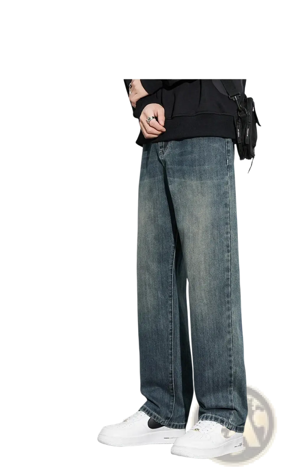 Men fleece lined baggy straight jeans in dark-wash denim with visible stitching and a straight-leg cut