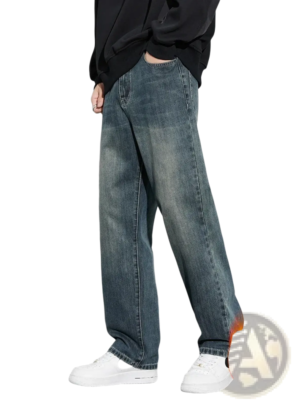 Men fleece lined baggy straight jeans in dark wash denim with relaxed straight leg and visible stitching details