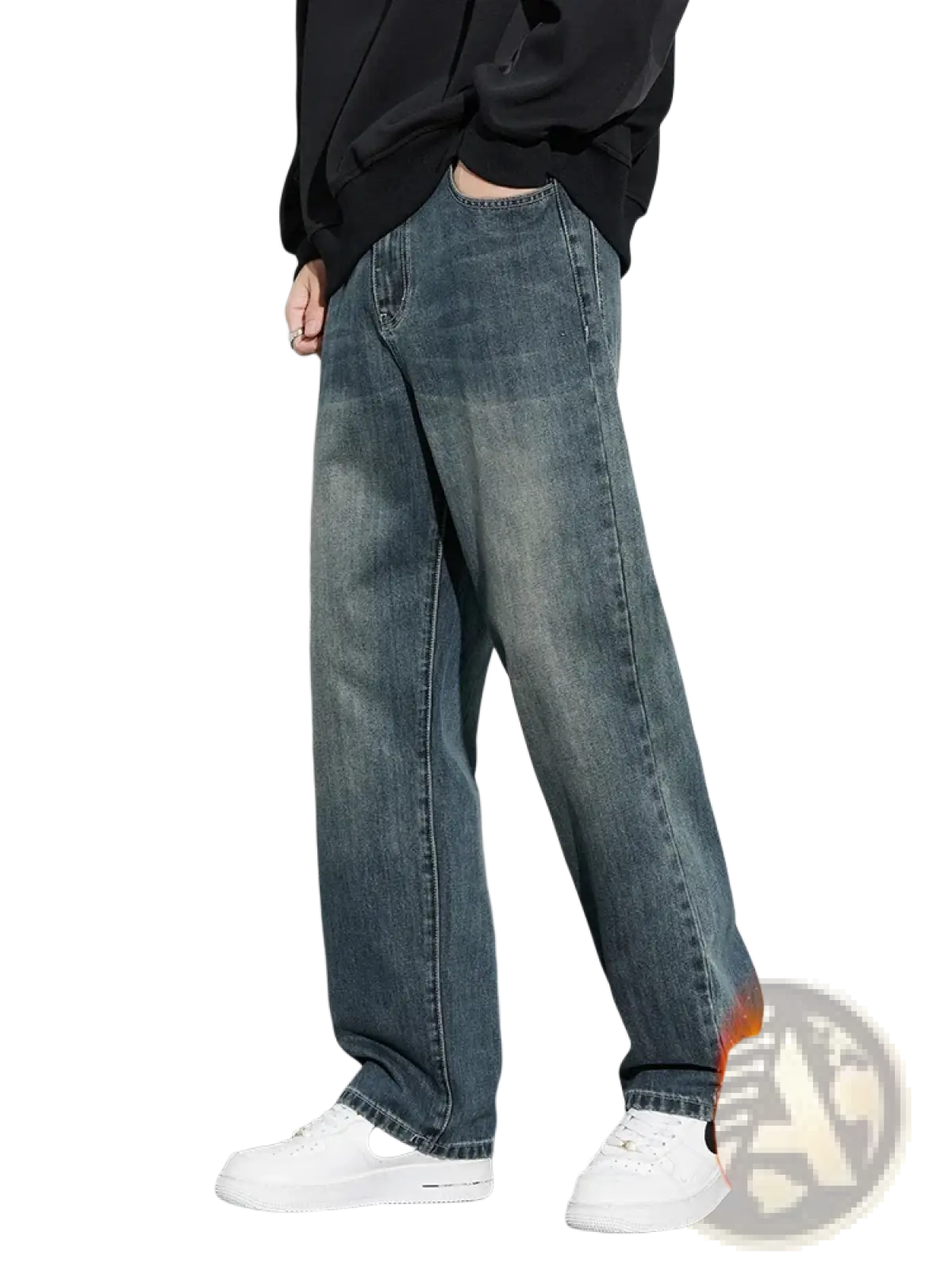 Men fleece lined baggy straight jeans in dark wash denim with relaxed straight leg and visible stitching details