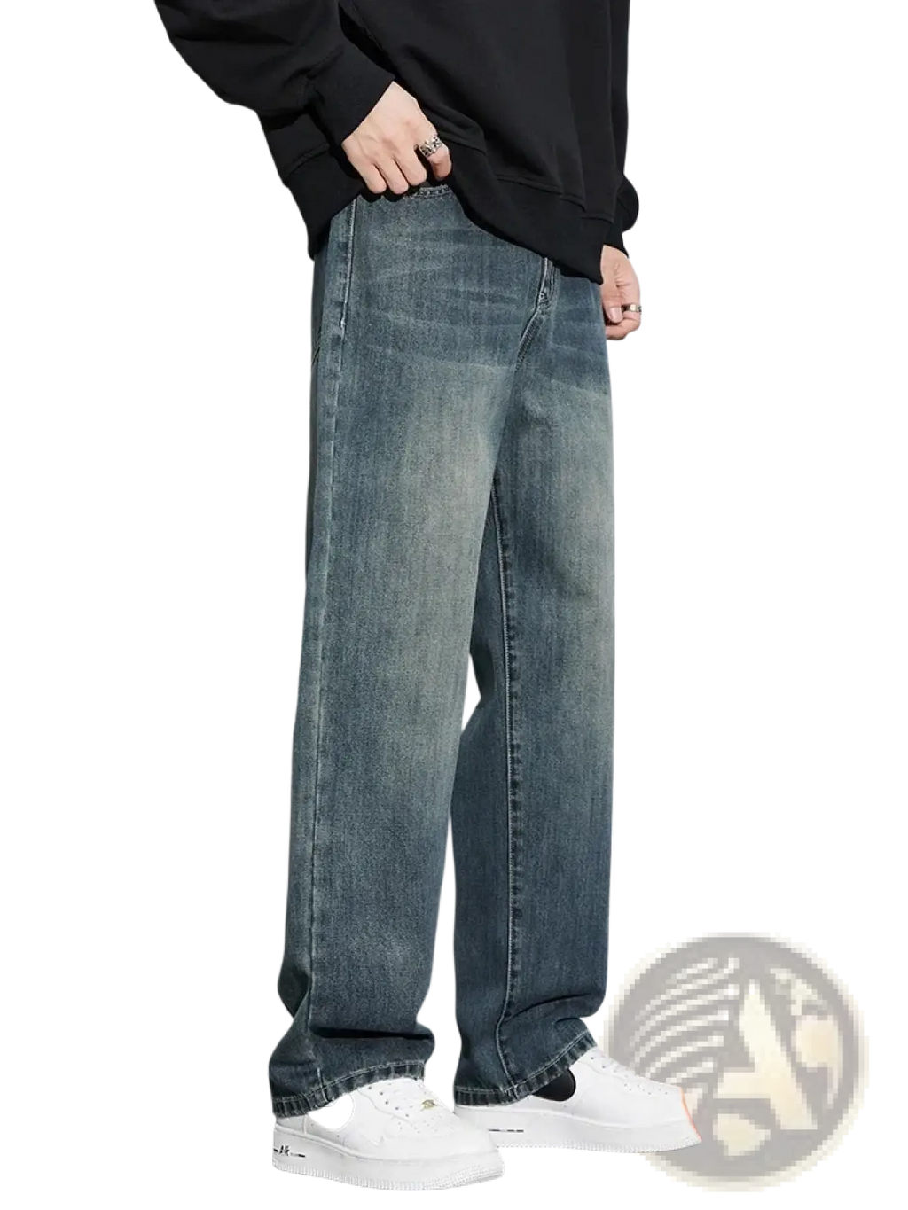 Men fleece lined baggy straight jeans in dark-wash denim with a relaxed straight-leg cut and visible stitching details