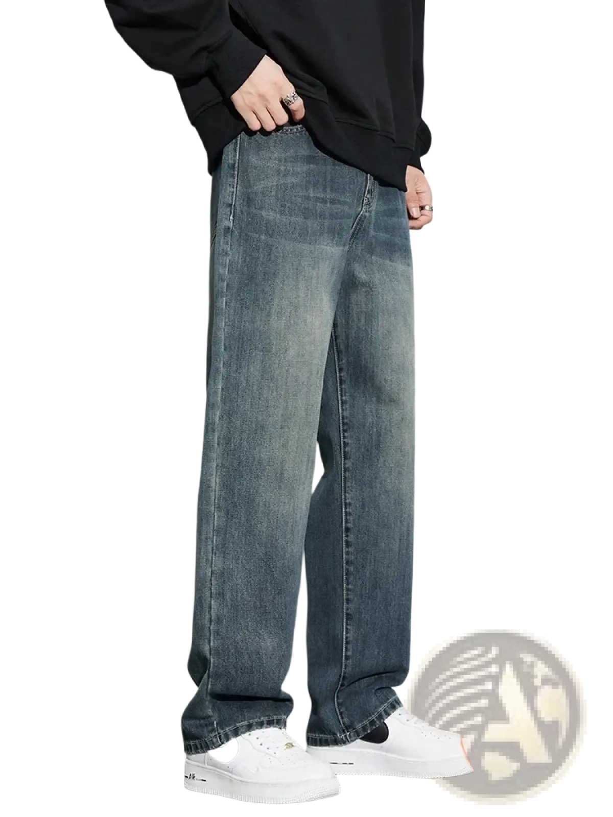 Men fleece lined baggy straight jeans in dark-wash denim with a relaxed straight-leg cut and visible stitching details
