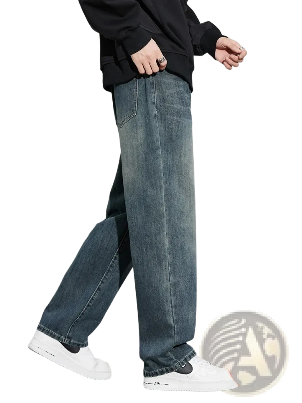 Men fleece lined baggy straight jeans in dark-wash denim with relaxed straight-leg cut and visible stitching details