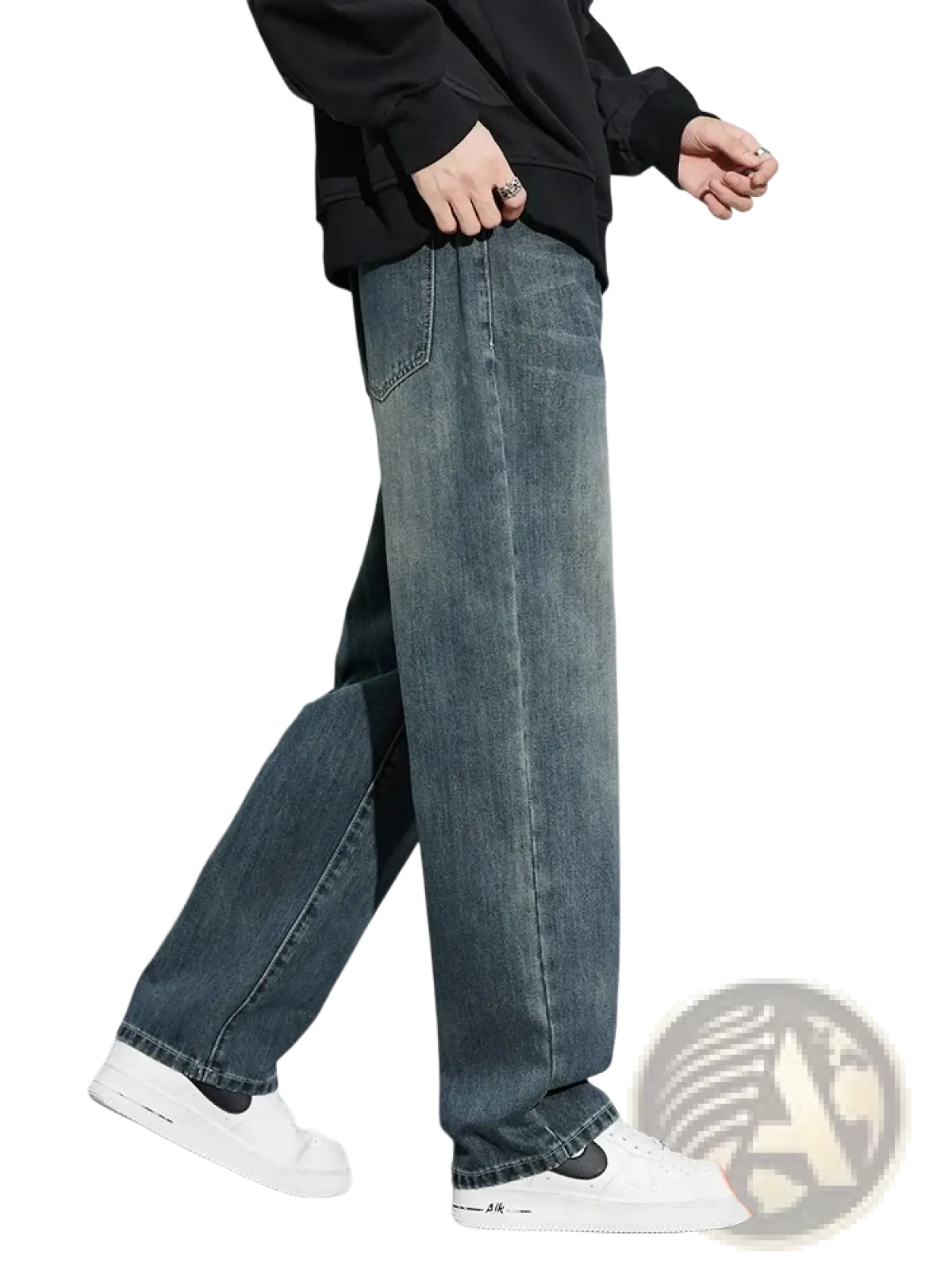 Men fleece lined baggy straight jeans in dark-wash denim with relaxed straight-leg cut and visible stitching details