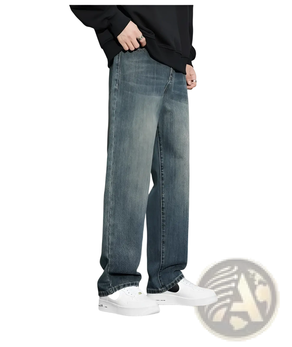 Men fleece lined baggy straight jeans in dark wash denim with relaxed straight-leg cut and subtle fading