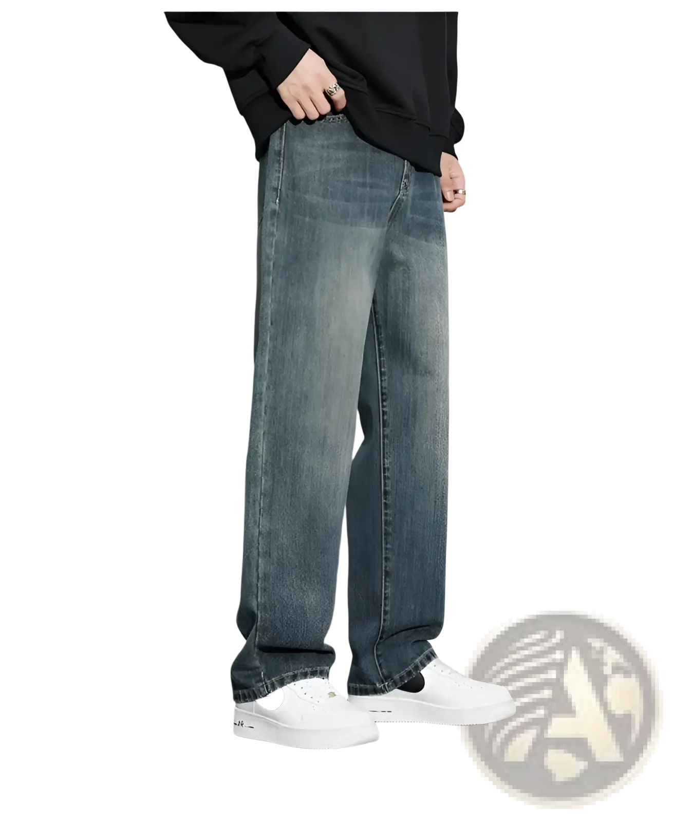 Men fleece lined baggy straight jeans in dark wash denim with relaxed straight-leg cut and subtle fading