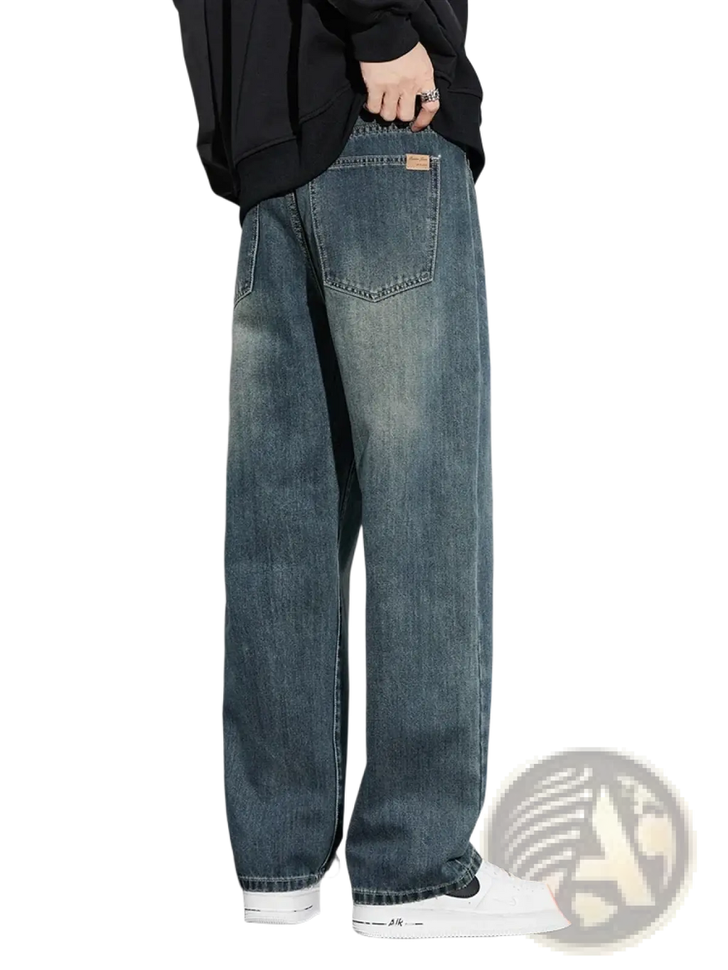 Men fleece lined baggy straight jeans in dark-wash denim with relaxed wide-leg cut and visible stitching details