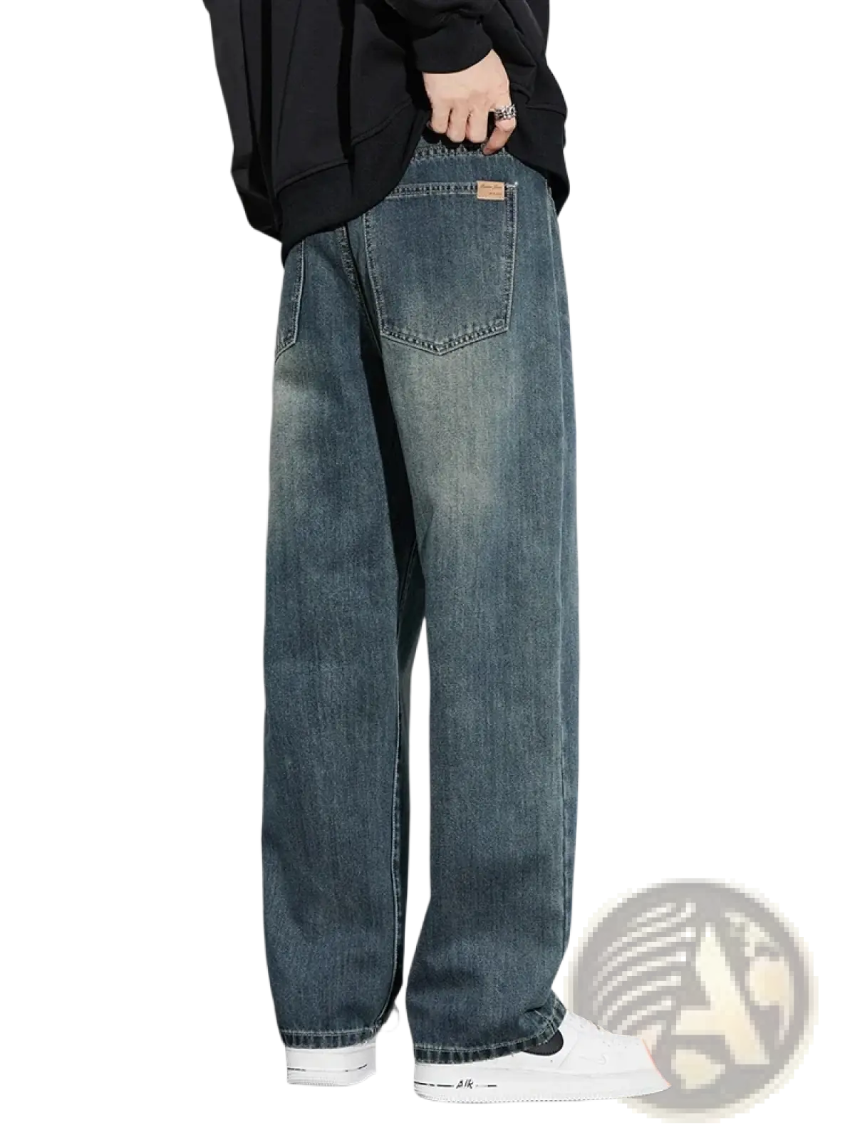 Men fleece lined baggy straight jeans in dark-wash denim with relaxed wide-leg cut and visible stitching details