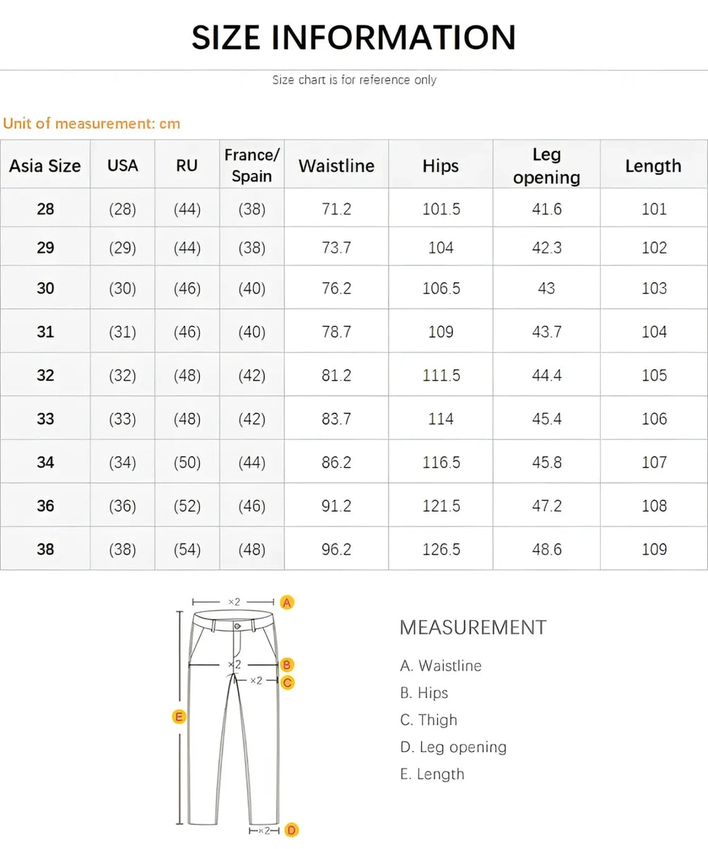 Size chart for men fleece lined baggy straight jeans showing waistline hips thigh leg opening length in cm for asia usa and france/spanish sizes