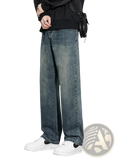 Men fleece lined baggy straight jeans in dark-wash denim with a relaxed straight-leg cut and subtle fading for casual wear
