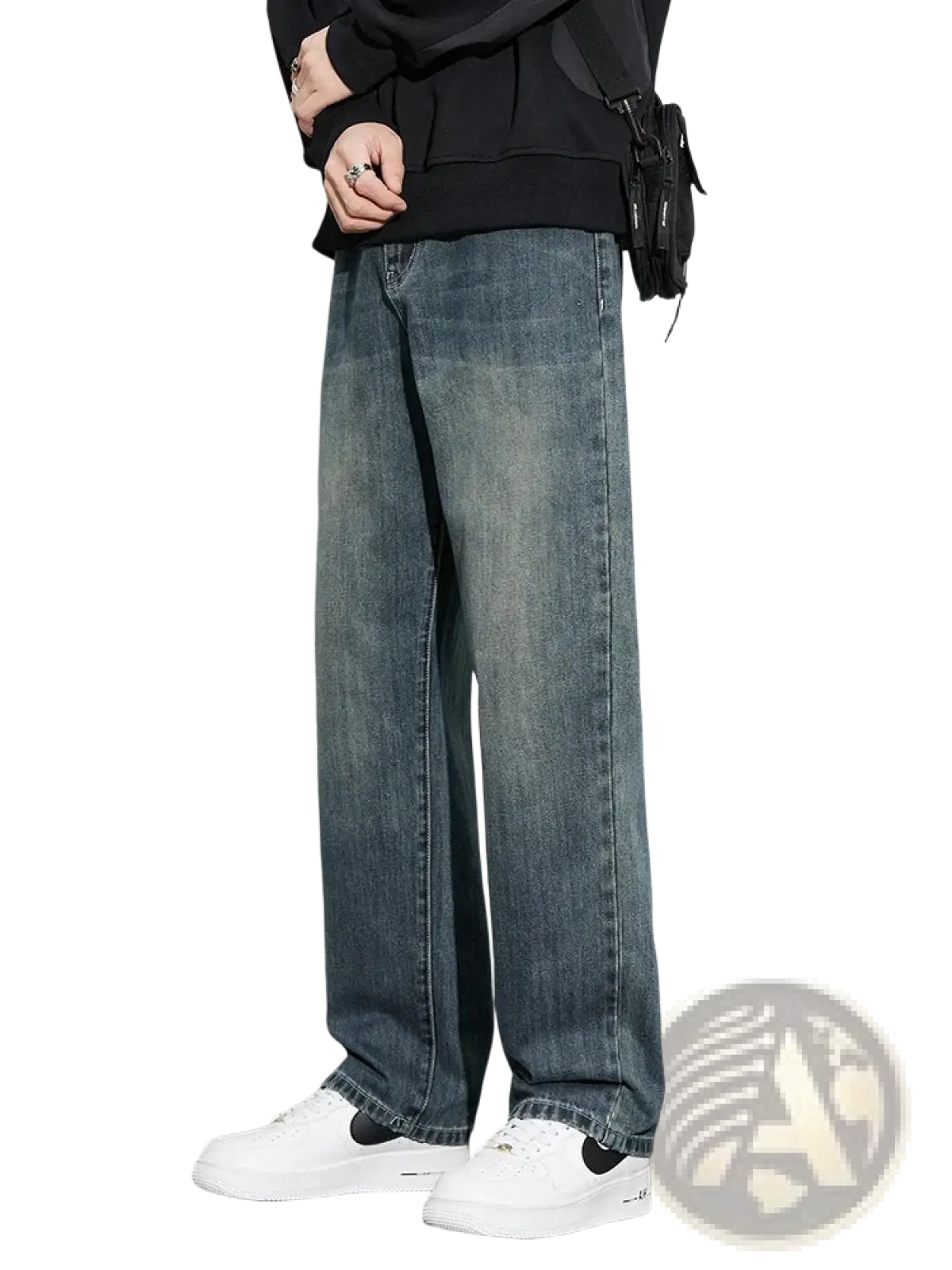 Men fleece lined baggy straight jeans in dark-wash denim with a relaxed straight-leg cut and subtle fading for casual wear