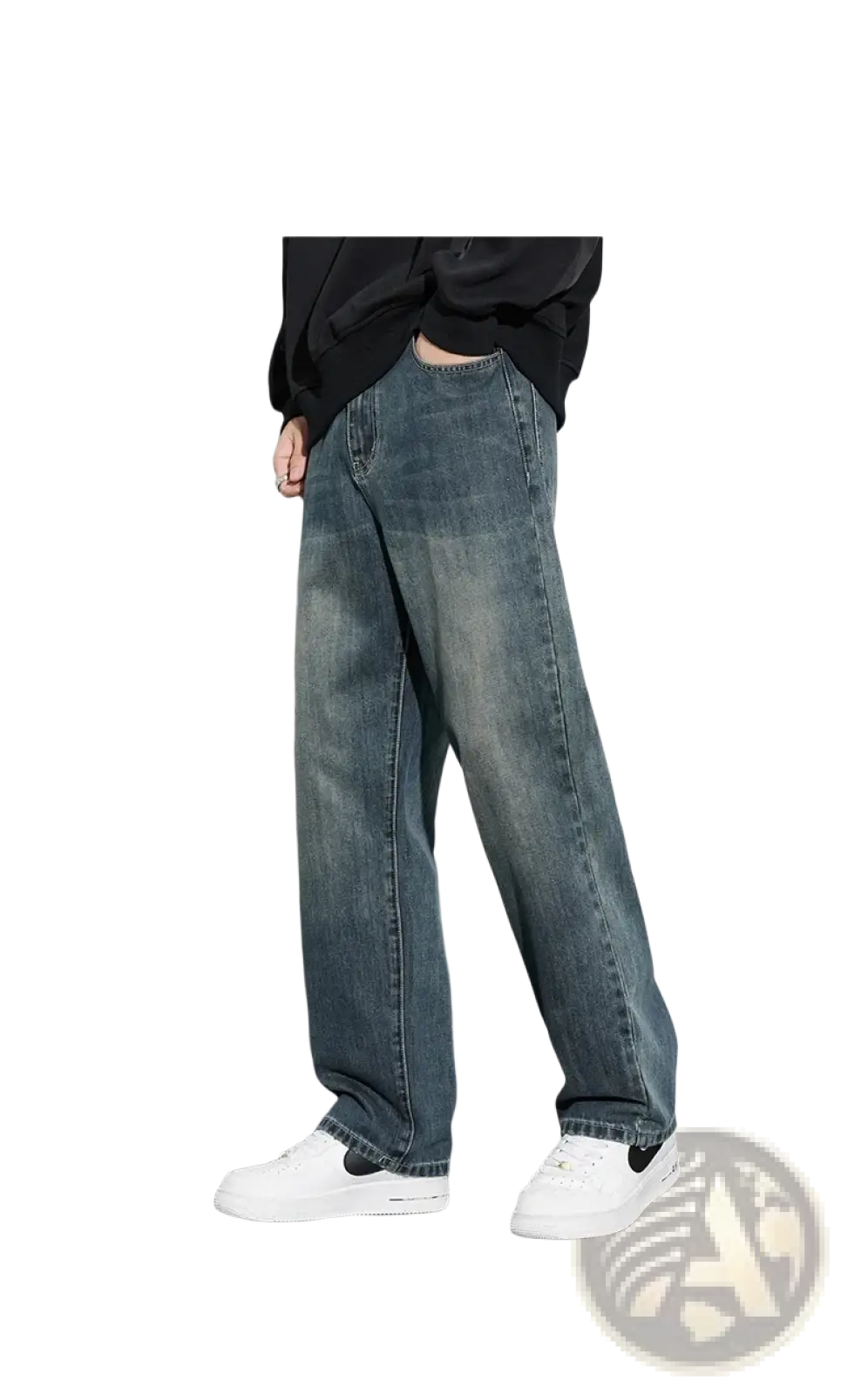 Men fleece lined baggy straight jeans in faded blue wide-leg denim with classic stitching and relaxed fit