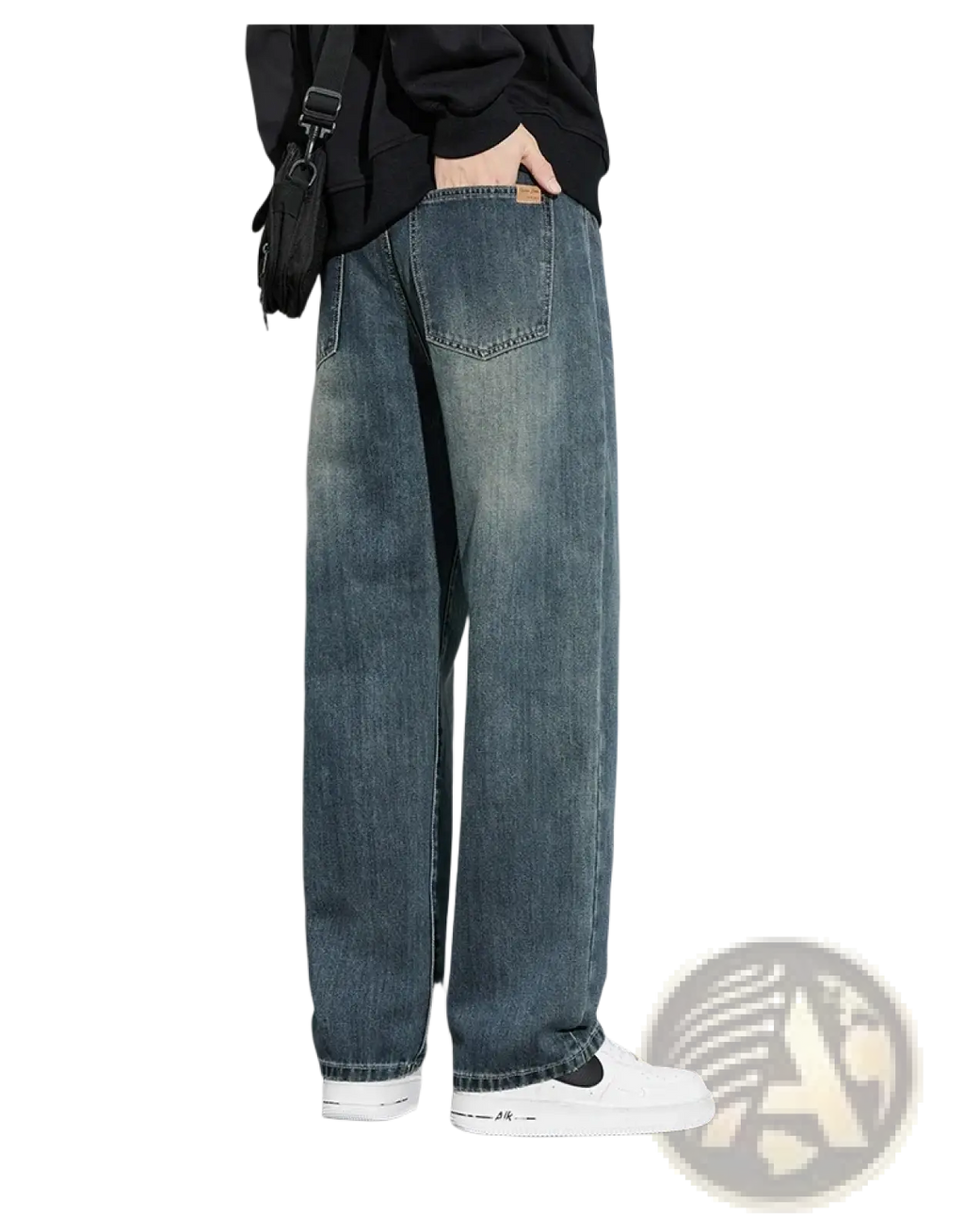 Men fleece lined baggy straight jeans in faded blue wide-leg denim with subtle distressing and classic stitching