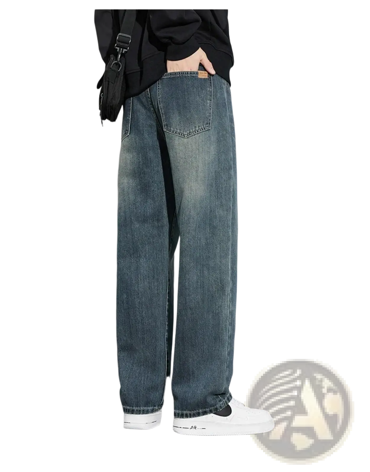 Men fleece lined baggy straight jeans in faded blue wide-leg denim with subtle distressing and classic stitching