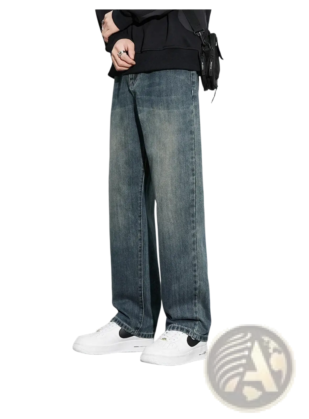 Men fleece lined baggy straight jeans in faded blue wide-leg denim with subtle distressing and classic stitching