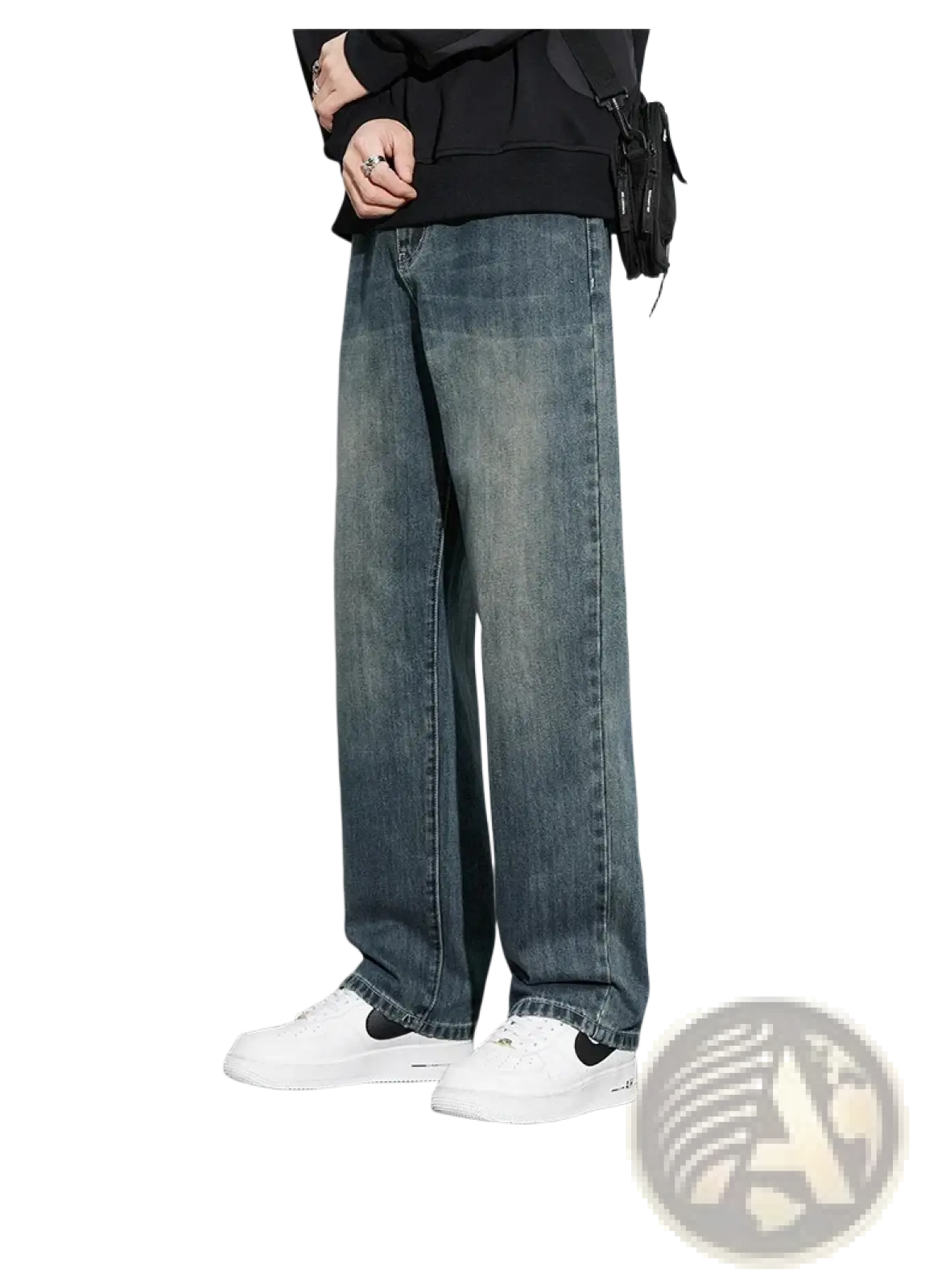 Men fleece lined baggy straight jeans in faded blue wide-leg denim with subtle distressing and classic stitching