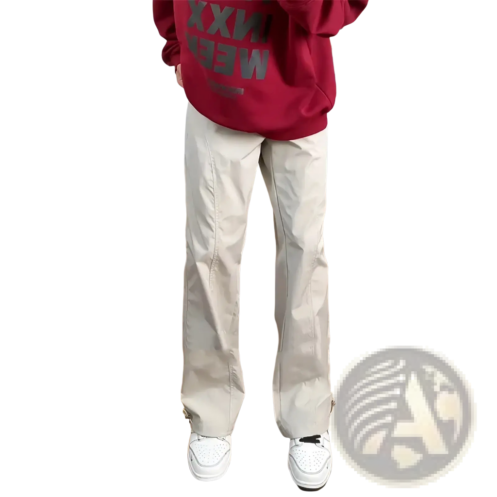 Men fleece lined casual straight pants in beige cream-colored cotton with relaxed fit and visible side pockets