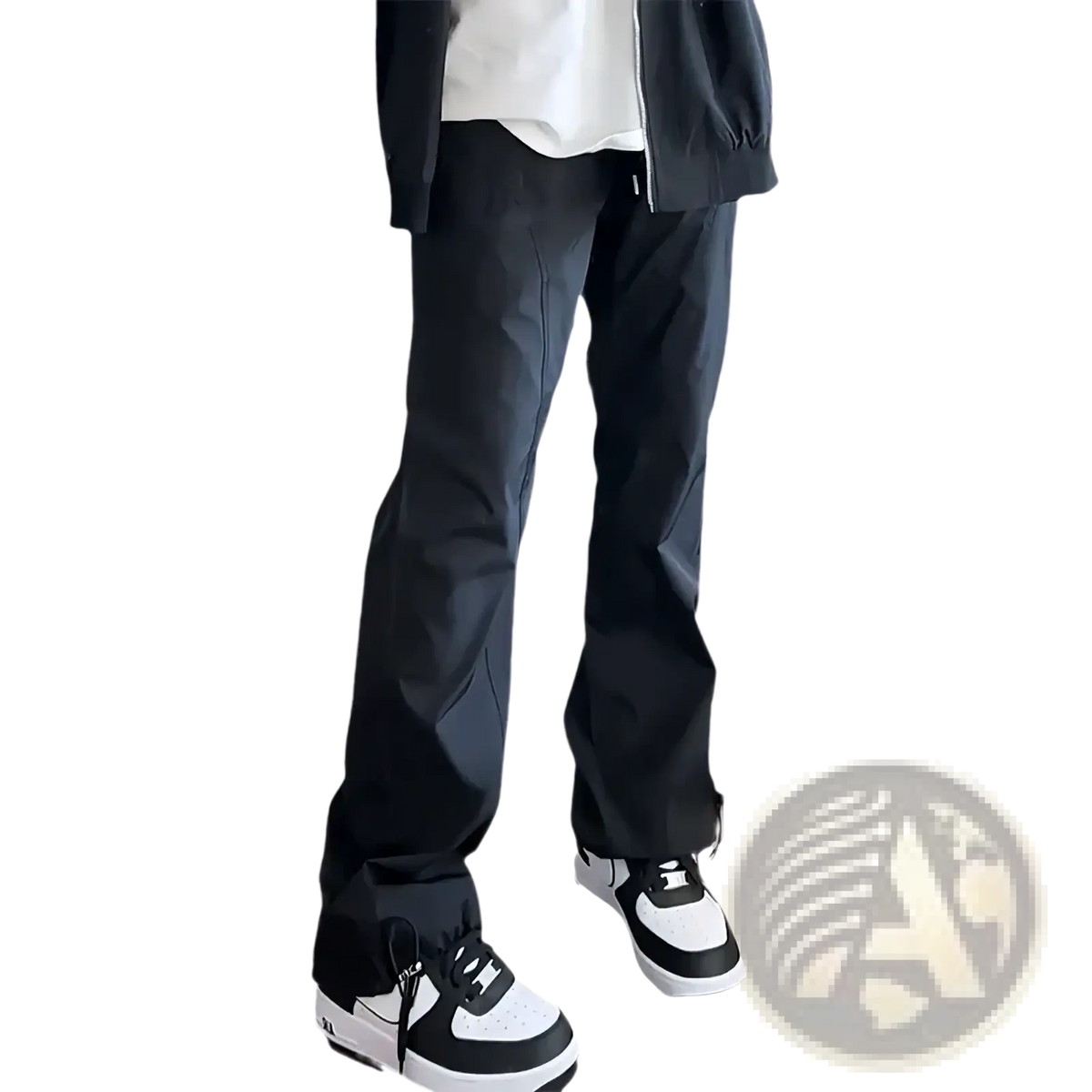 Black tapered fleece lined casual pants with sleek design and subtle stitching details for men