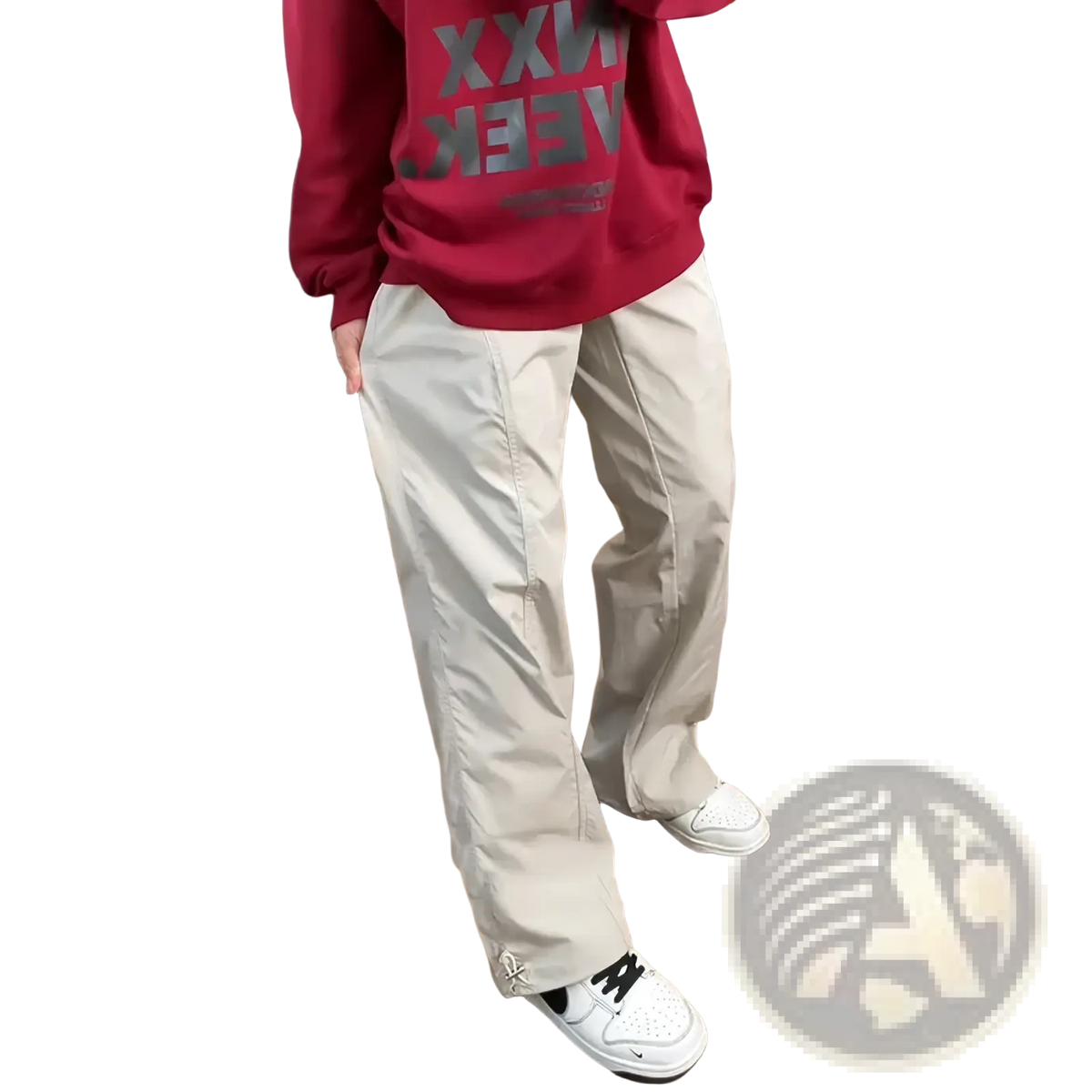Men fleece lined casual straight beige pants with wide-leg relaxed fit and subtle side pockets