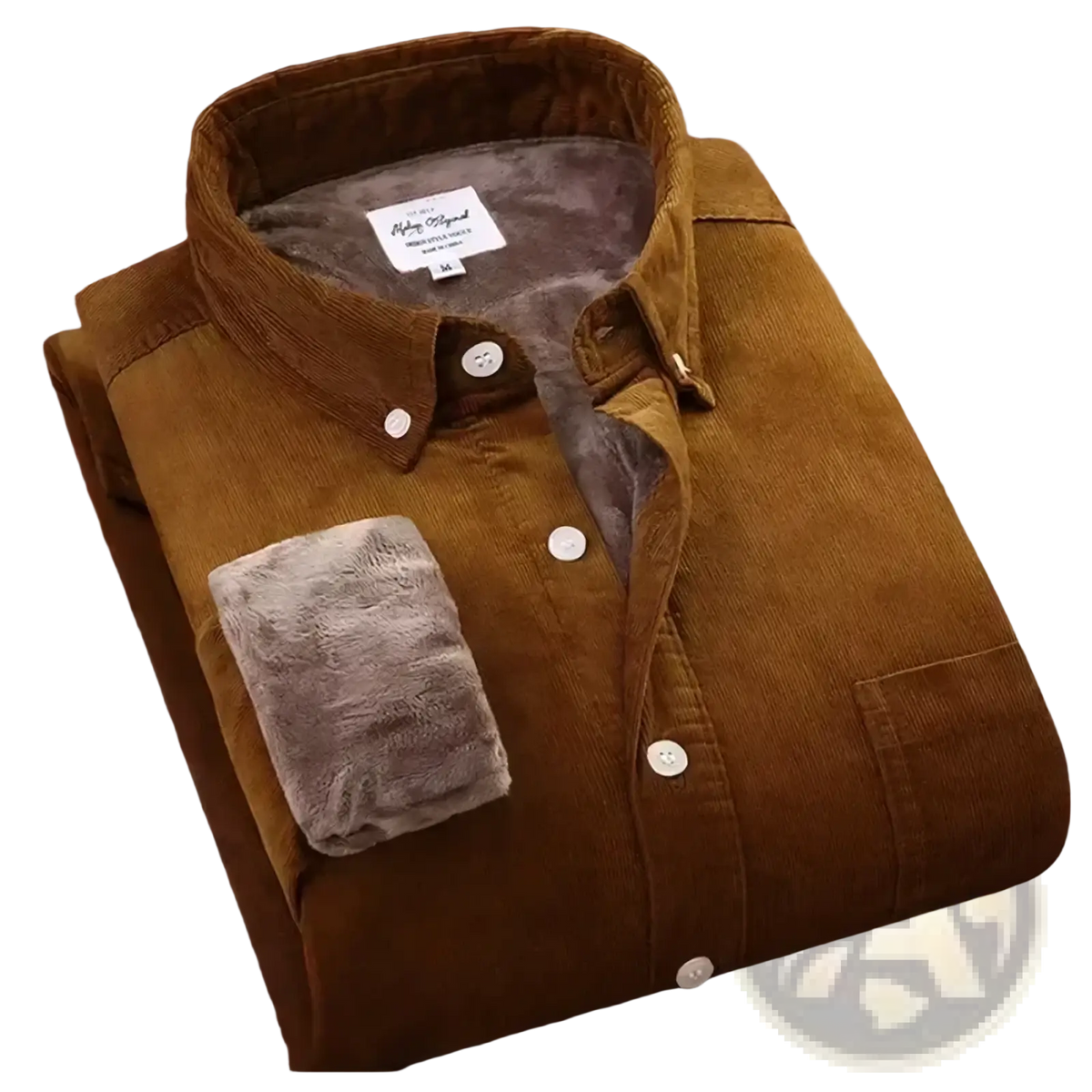 Men fleece lined corduroy shirt jacket in brown with plush gray fleece lining and cuffs for warmth and style