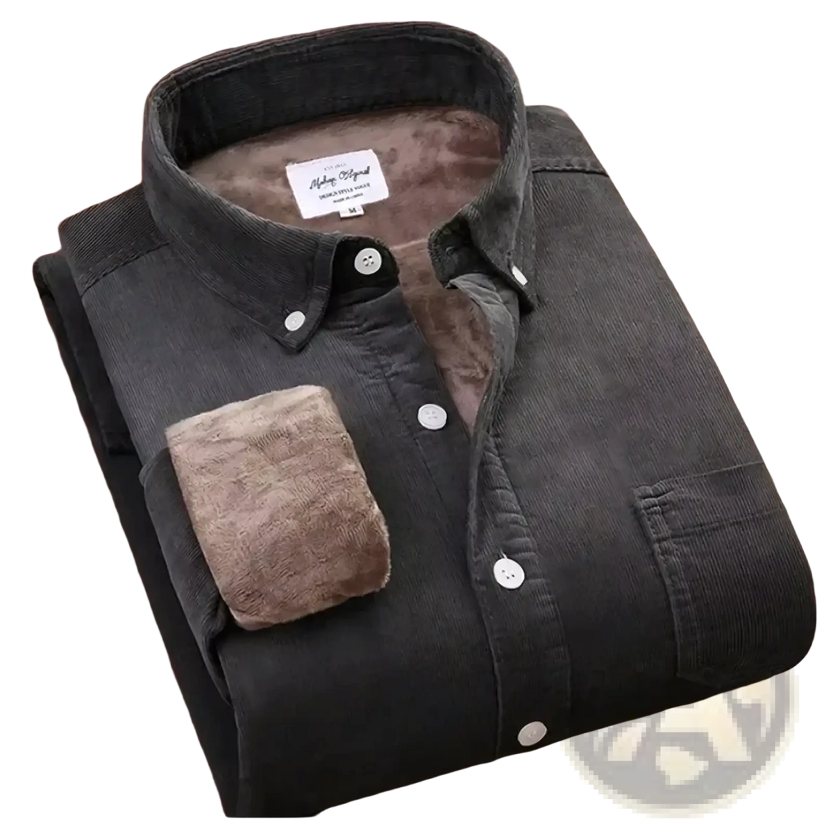 Men fleece lined corduroy shirt jacket in dark gray with plush brown fleece lining and matching chest pocket