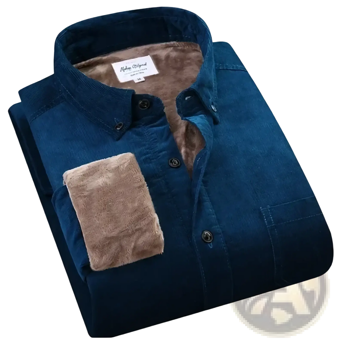 Men fleece lined corduroy shirt jacket in deep blue with plush brown fleece lining and chest pocket patch