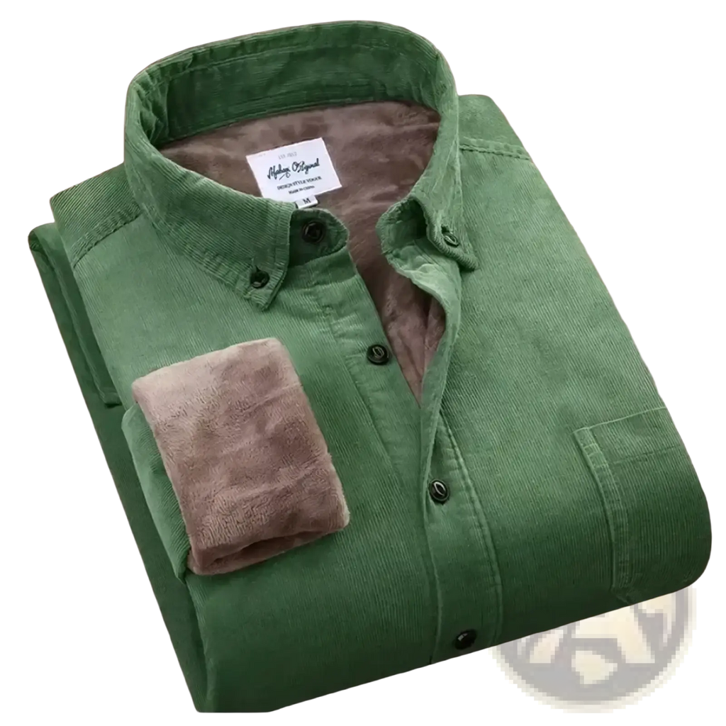 Men fleece lined corduroy shirt jacket in green with plush brown fleece lining and cuffs for added warmth