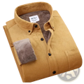 Men fleece lined corduroy shirt jacket in mustard yellow with brown plush fleece lining and black buttons