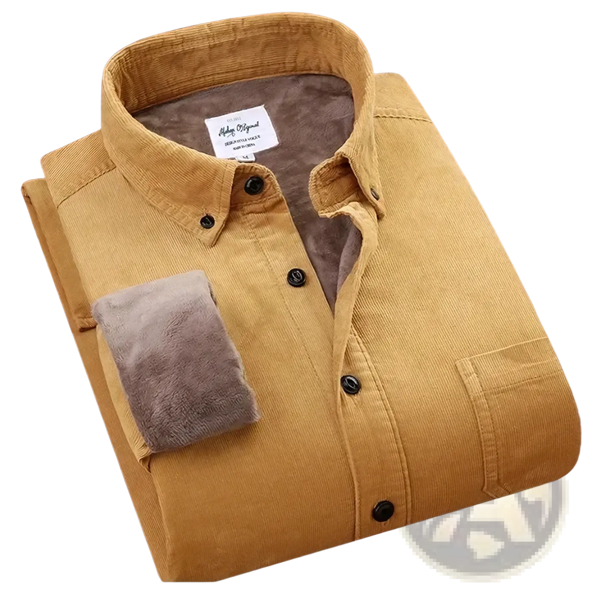 Men fleece lined corduroy shirt jacket in mustard yellow with brown plush fleece lining and black buttons