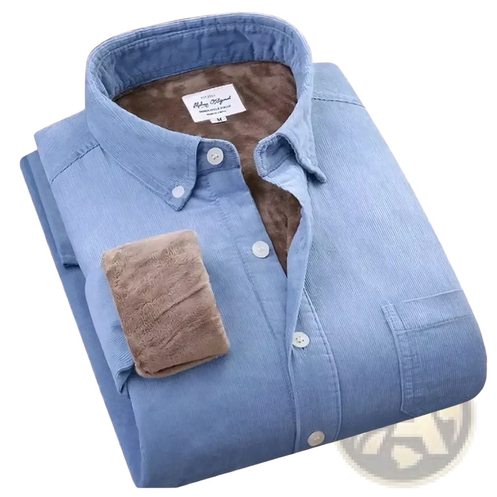 Men fleece lined corduroy shirt jacket in light blue with brown fleece lining and cuffs for warmth and style