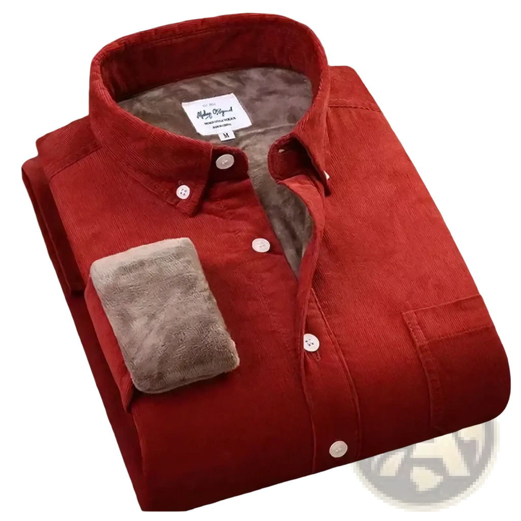 Men fleece lined corduroy shirt jacket in red with plush gray fleece lining and cuffs for added warmth