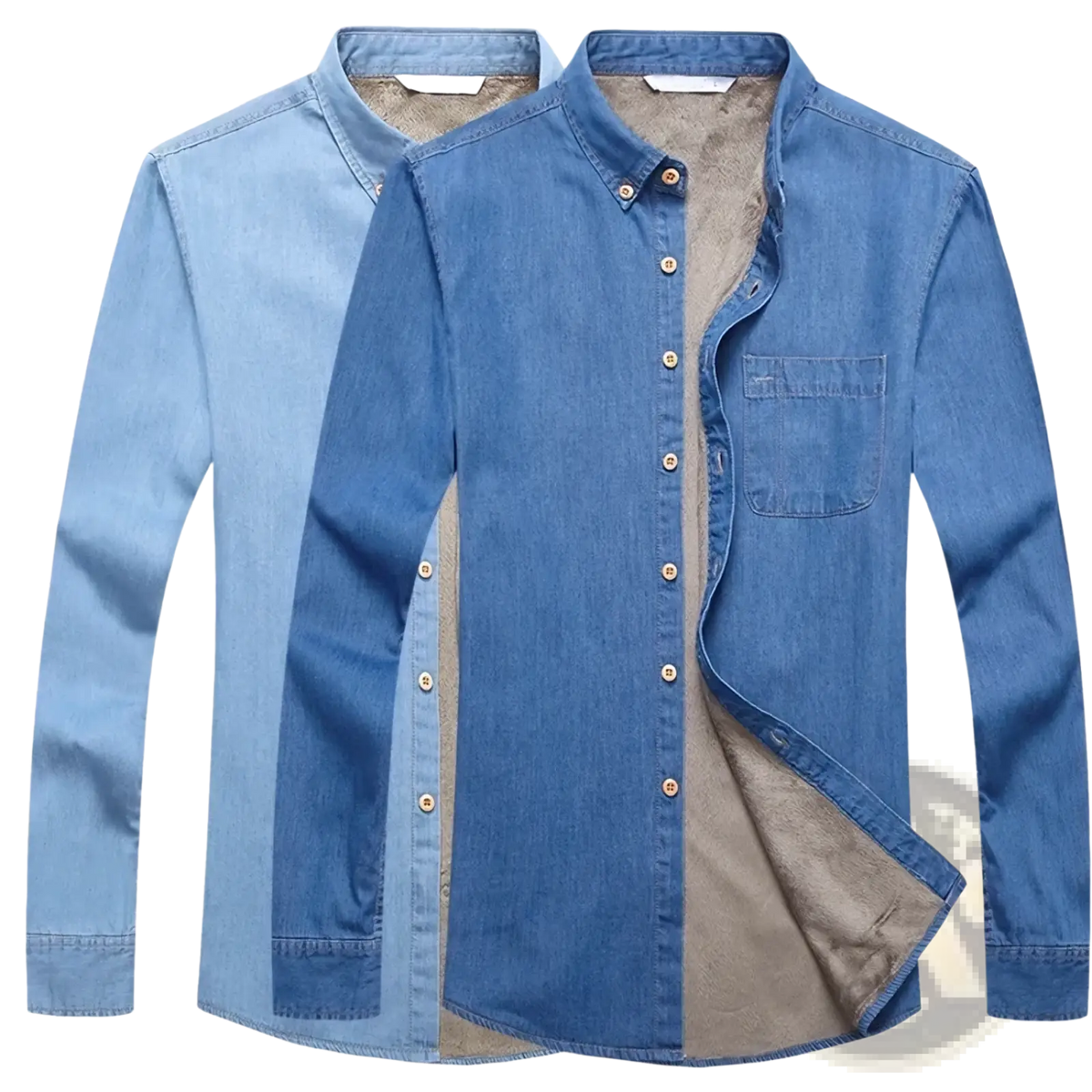 Blue denim button-up shirt with soft fleece lining designed as a winter warm cowboy coat for men