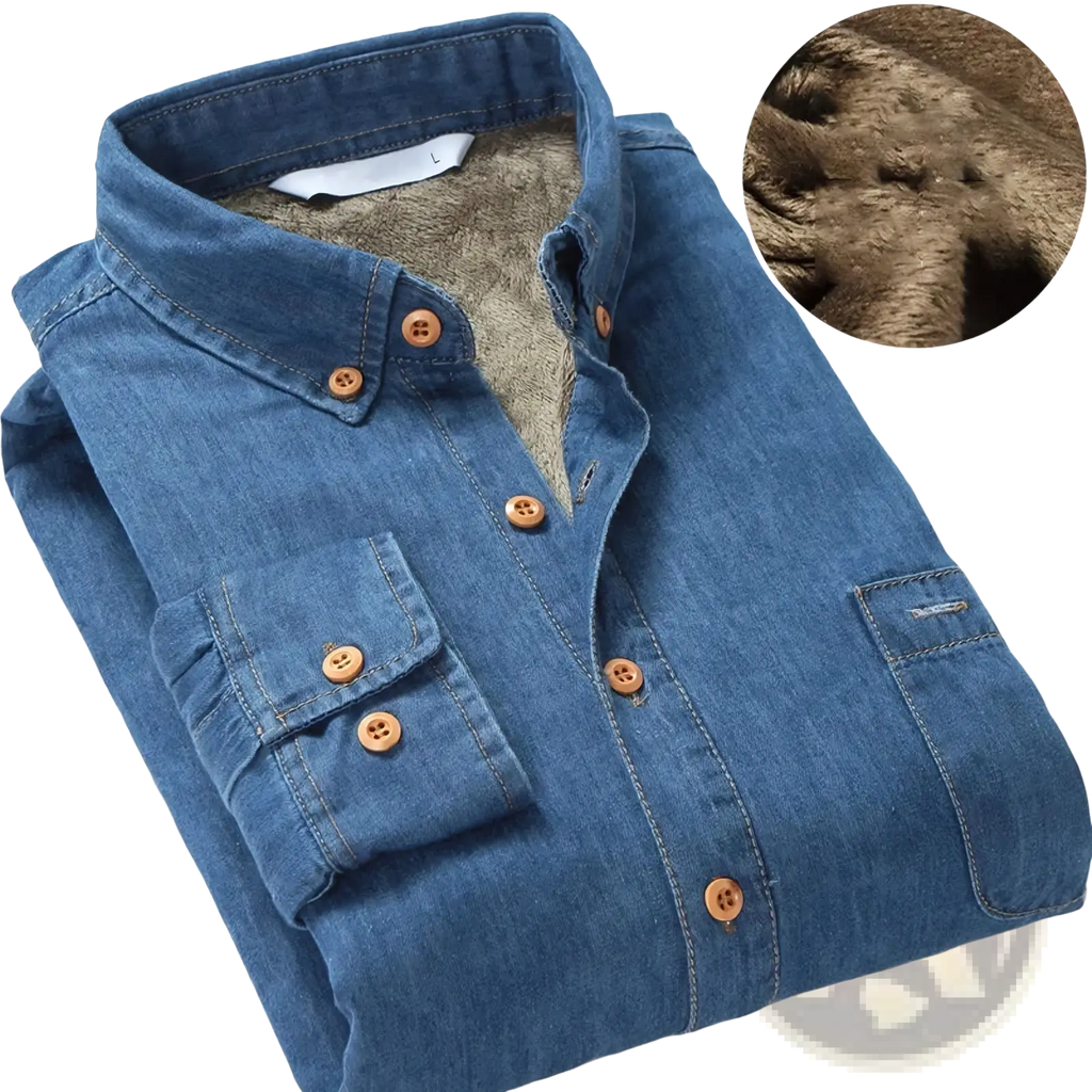Men fleece lined denim shirt in blue with soft brown faux-fur lining and wooden buttons for winter warmth