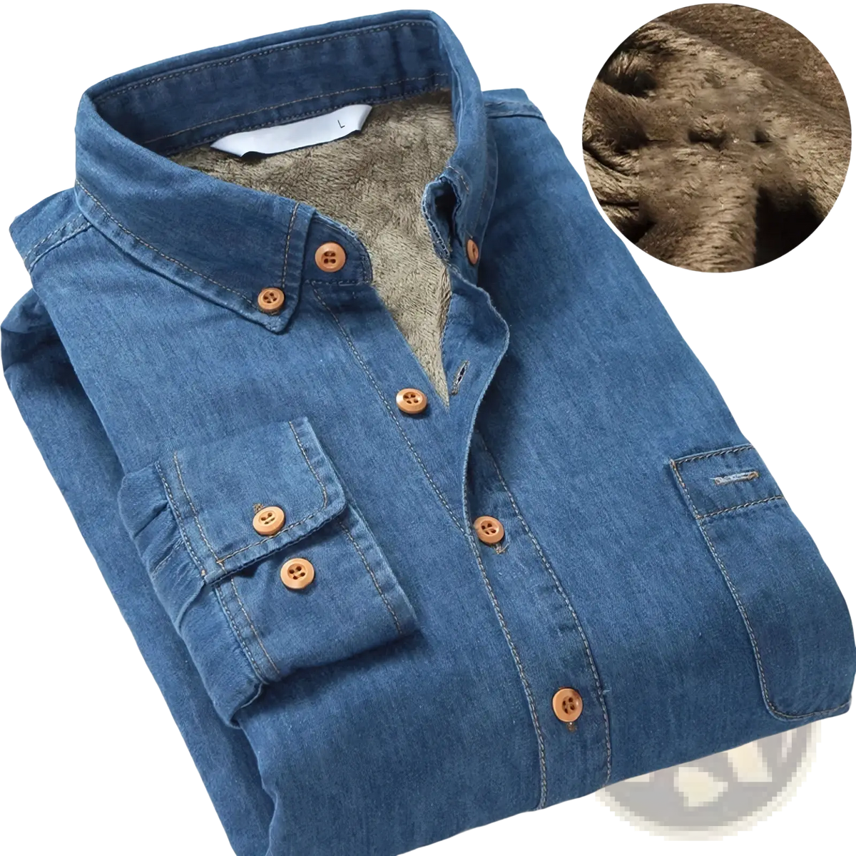 Men fleece lined denim shirt in blue with soft brown faux-fur lining and wooden buttons for winter warmth