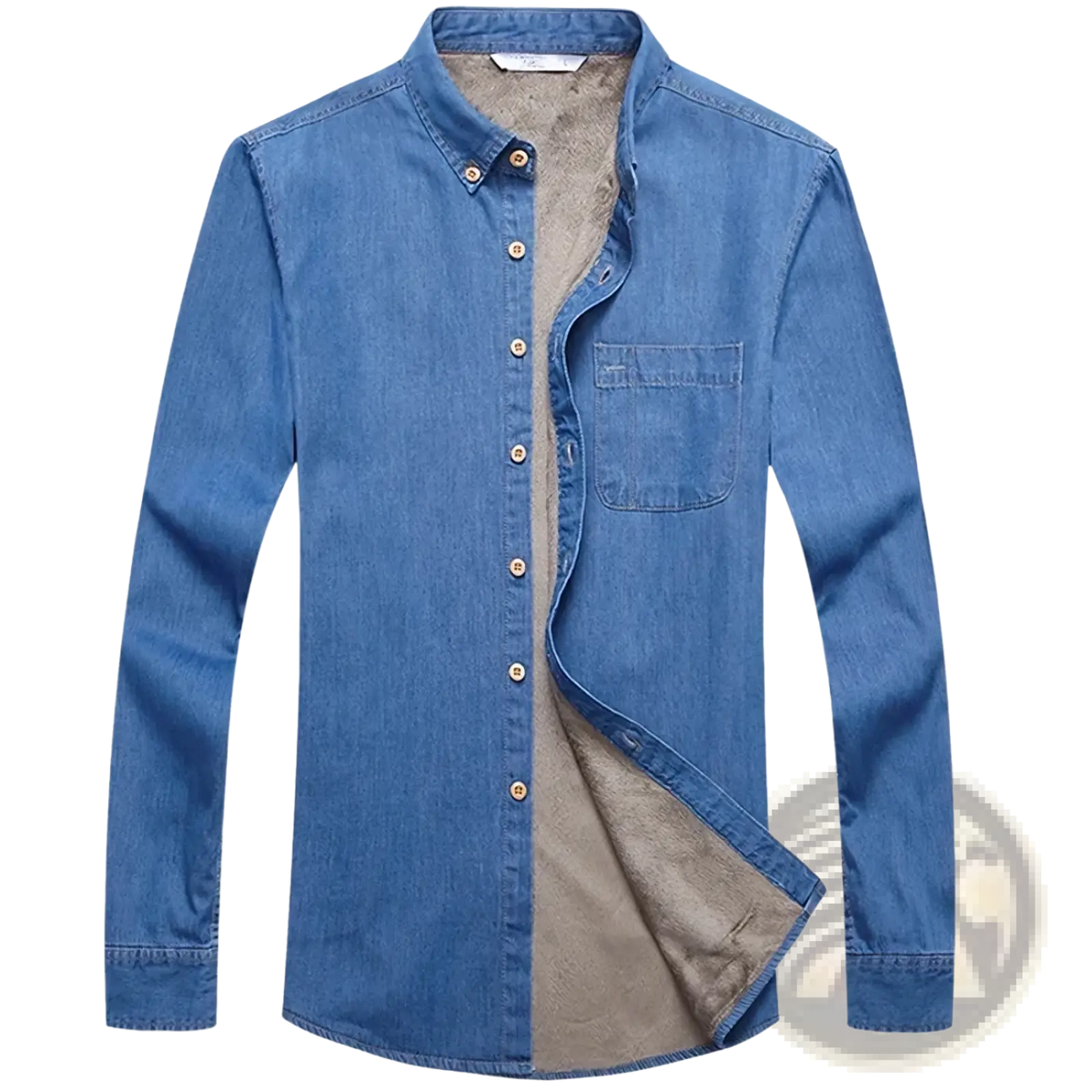 Blue denim long-sleeved shirt with soft beige fleece lining and gold-toned buttons for winter warmth cowboy coat