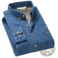 Men fleece lined denim shirt winter warm cowboy coat in blue with brown wooden buttons and fleece collar