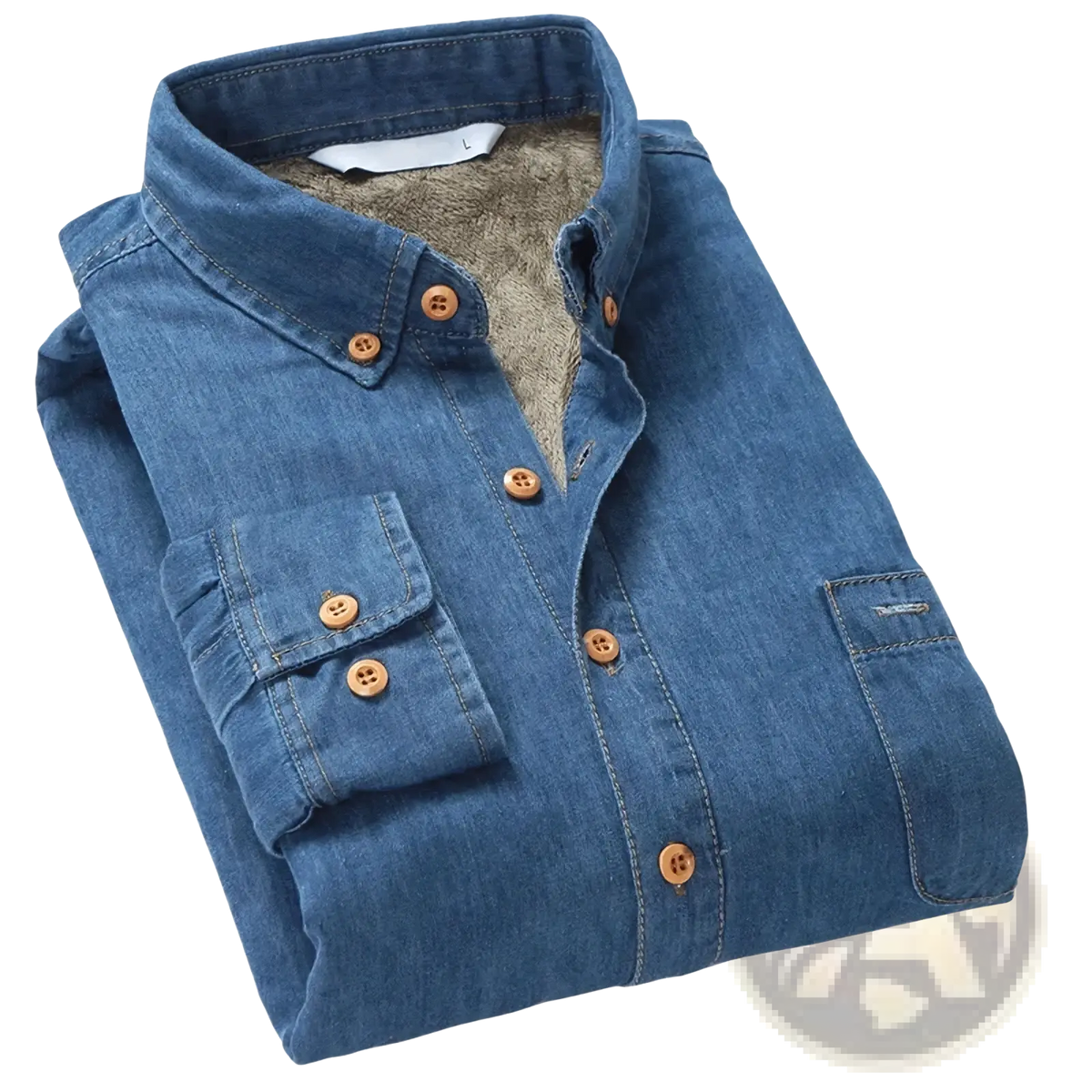 Men fleece lined denim shirt winter warm cowboy coat in blue with brown wooden buttons and fleece collar