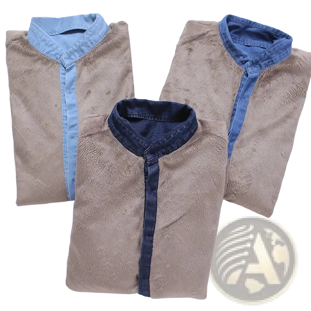Three folded beige men fleece lined denim shirts with contrasting collars ideal for winter warm cowboy coats
