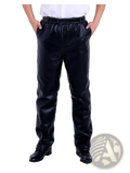 Men fleece lined black faux leather winter pants with sleek glossy finish and elastic waistband