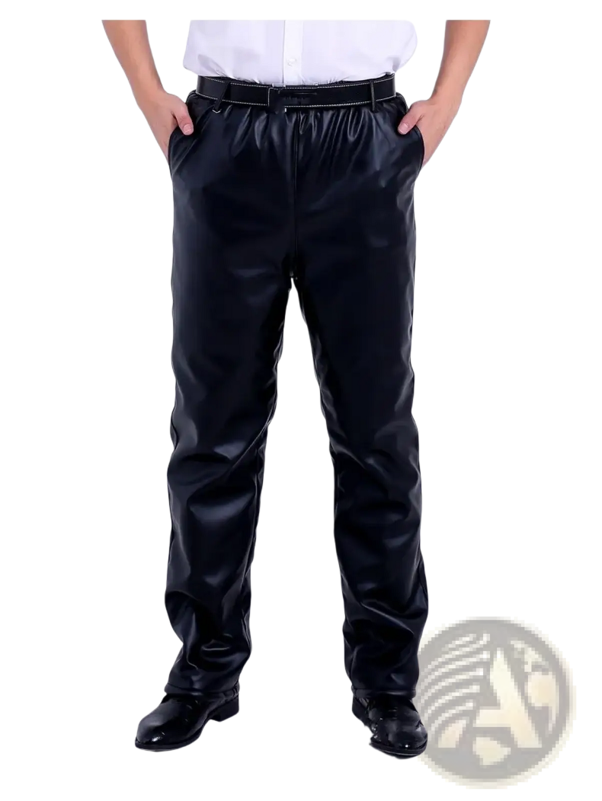 Men fleece lined black faux leather winter pants with sleek glossy finish and elastic waistband