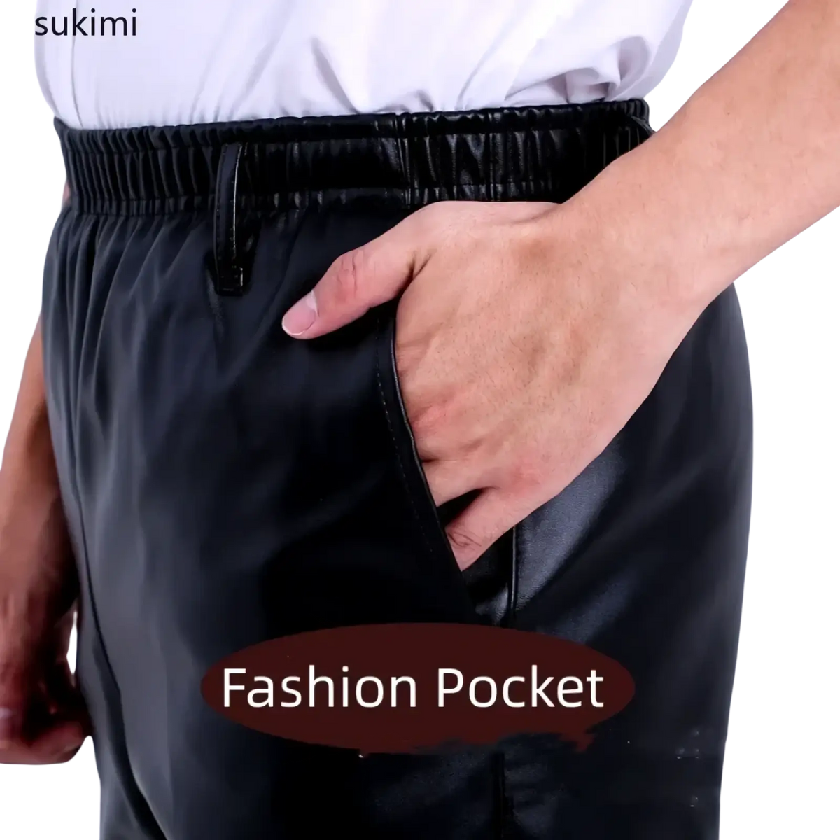 Men fleece lined black faux leather winter pants with elastic waistband and visible fashion pocket on the side