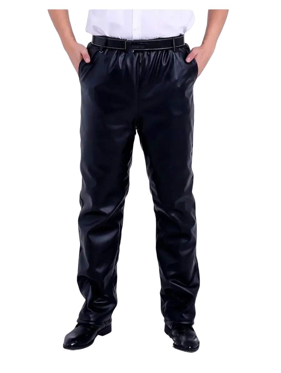 Men fleece lined black faux leather winter pants with sleek glossy finish and elastic waistband