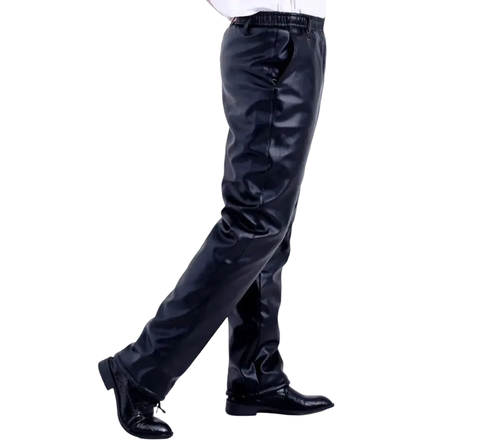 Men fleece lined faux leather winter pants in black with plush tan fleece lining for cold weather warmth