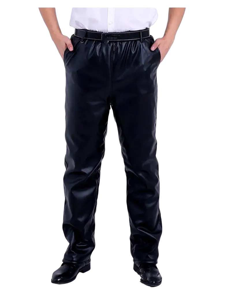 Men fleece lined black faux leather winter pants with sleek glossy finish and elastic waistband