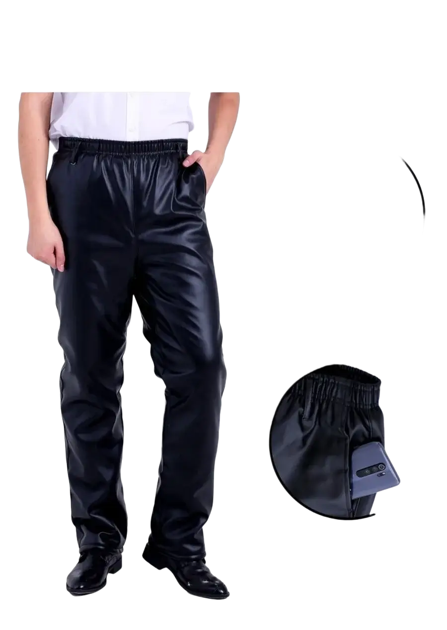 Men fleece lined black faux leather winter pants with elastic waistband and side pockets for cold weather use