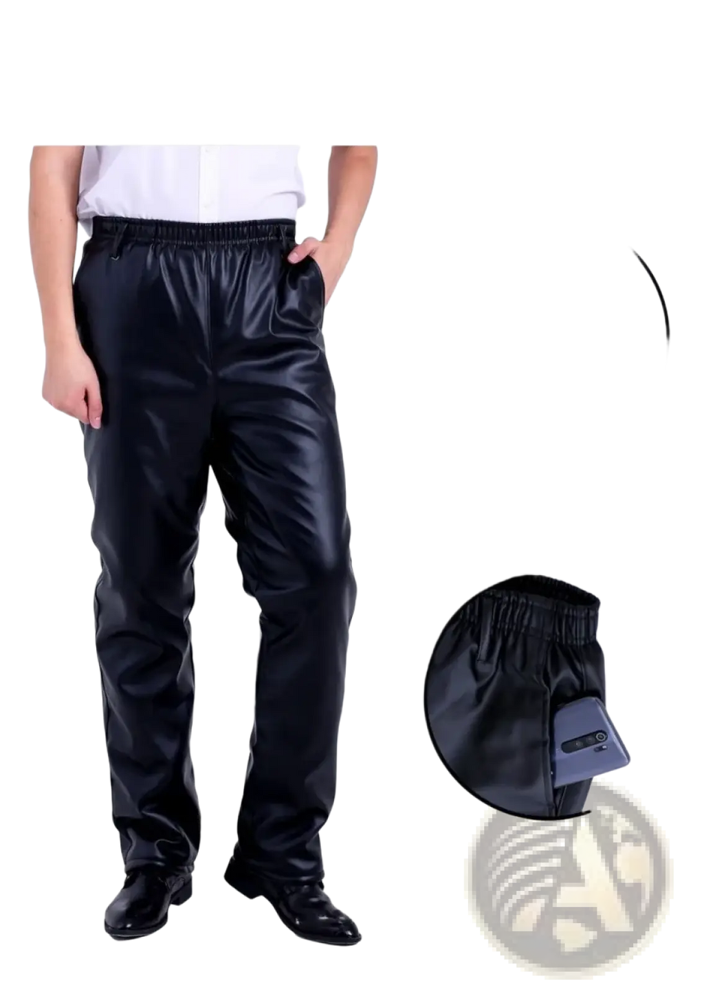 Men fleece lined black faux leather winter pants with elastic waistband and side pockets for cold weather use