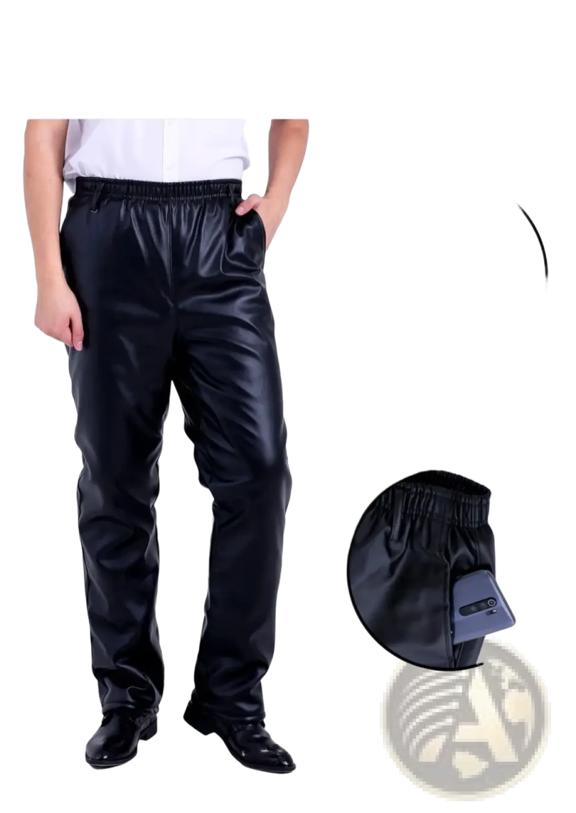 Men fleece lined black faux leather winter pants with elastic waistband and side pockets for cold weather use