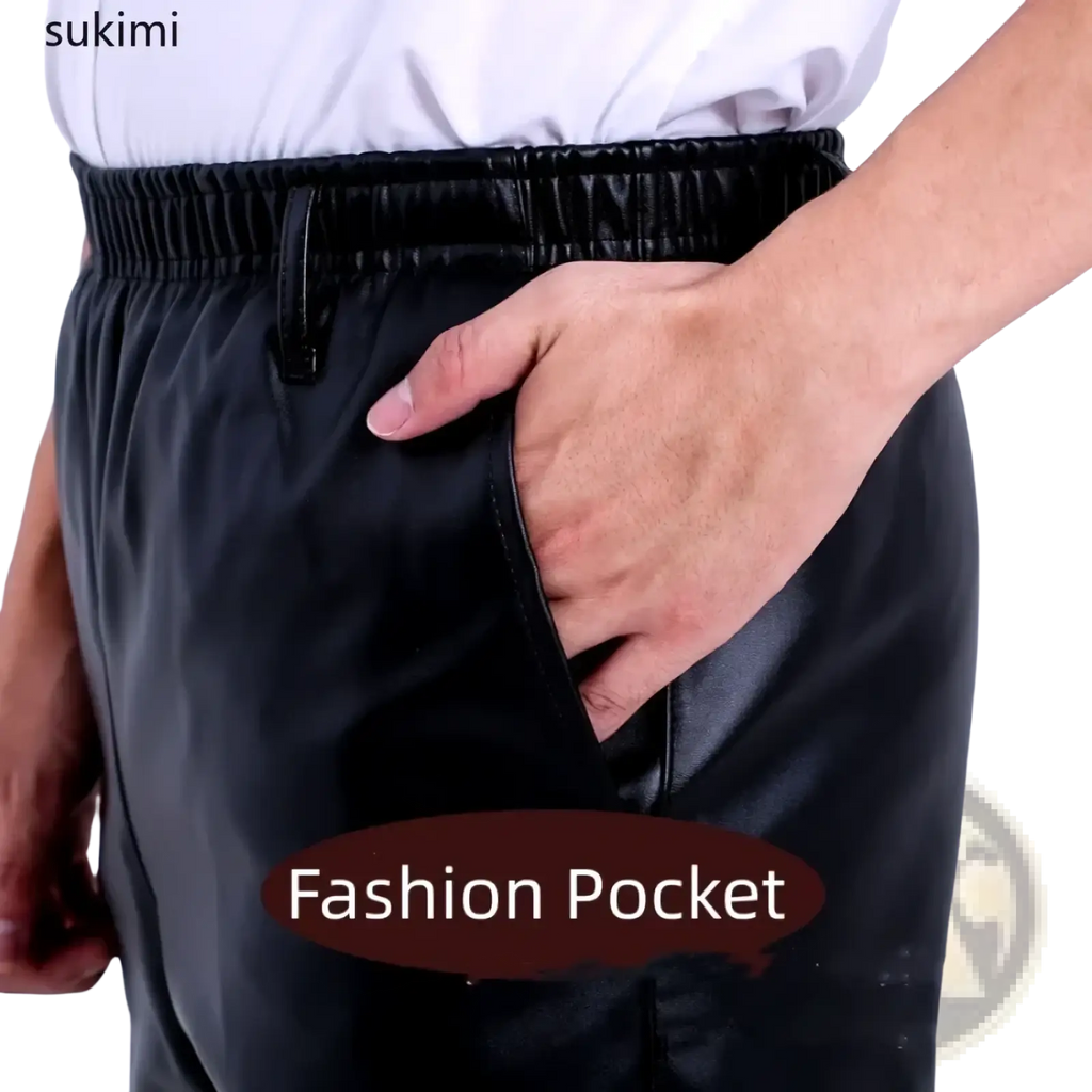 Men fleece lined black faux leather winter pants with elastic waistband and visible fashion pocket on the side